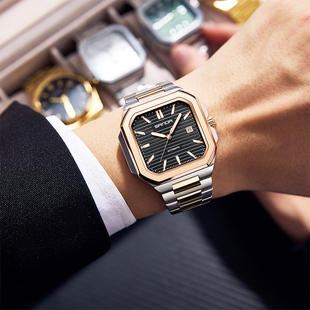 男士轻奢风商务手表男款通勤白领时尚休闲日志腕表方形钢带机械表