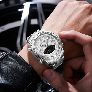 户外运动手表男款双显示双机芯腕表多功能防水夜光日志钢带电子表