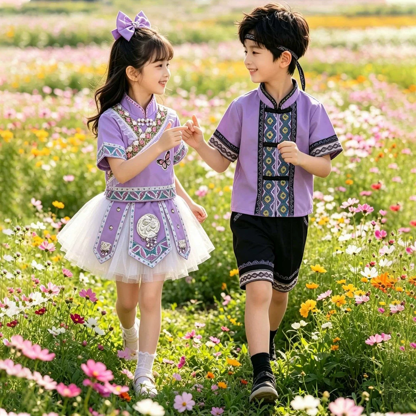 少数民族男女童夏装风纱裙儿童演出服男女童民族服饰壮族舞蹈服装图片