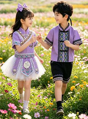 少数民族男女童夏装风纱裙儿童演出服男女童民族服饰壮族舞蹈服装