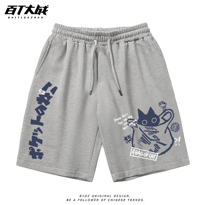 夏季男士运动纯棉短裤日系猫咪休闲抽绳针织时尚潮流青少年五分裤