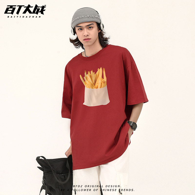 潮牌小众设计感薯条印花短袖T恤男生宽松百搭纯棉潮流百搭上衣