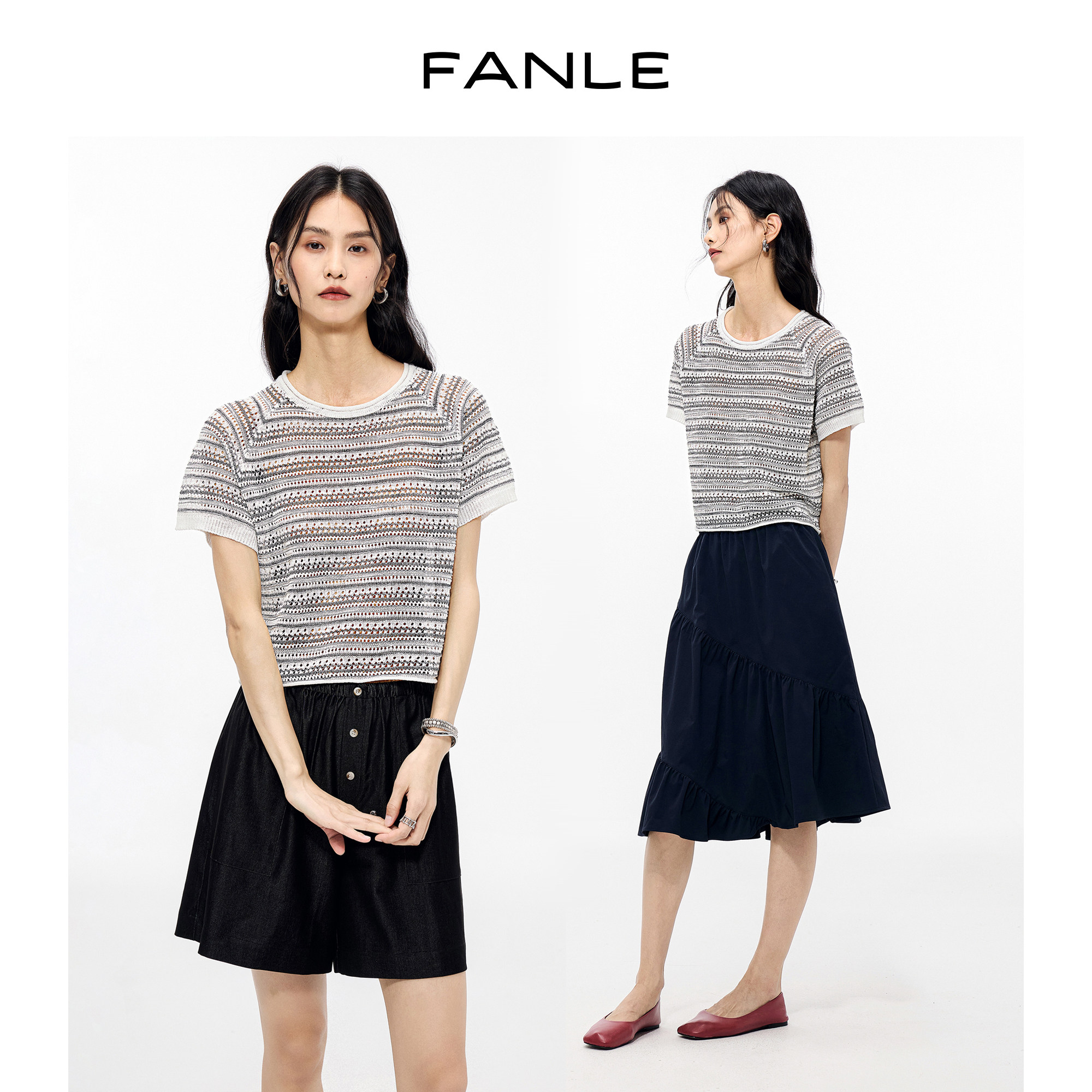 FANLE STUDIOS夏季亚麻棉透气干爽小镂空银丝条纹圆领针织短袖女