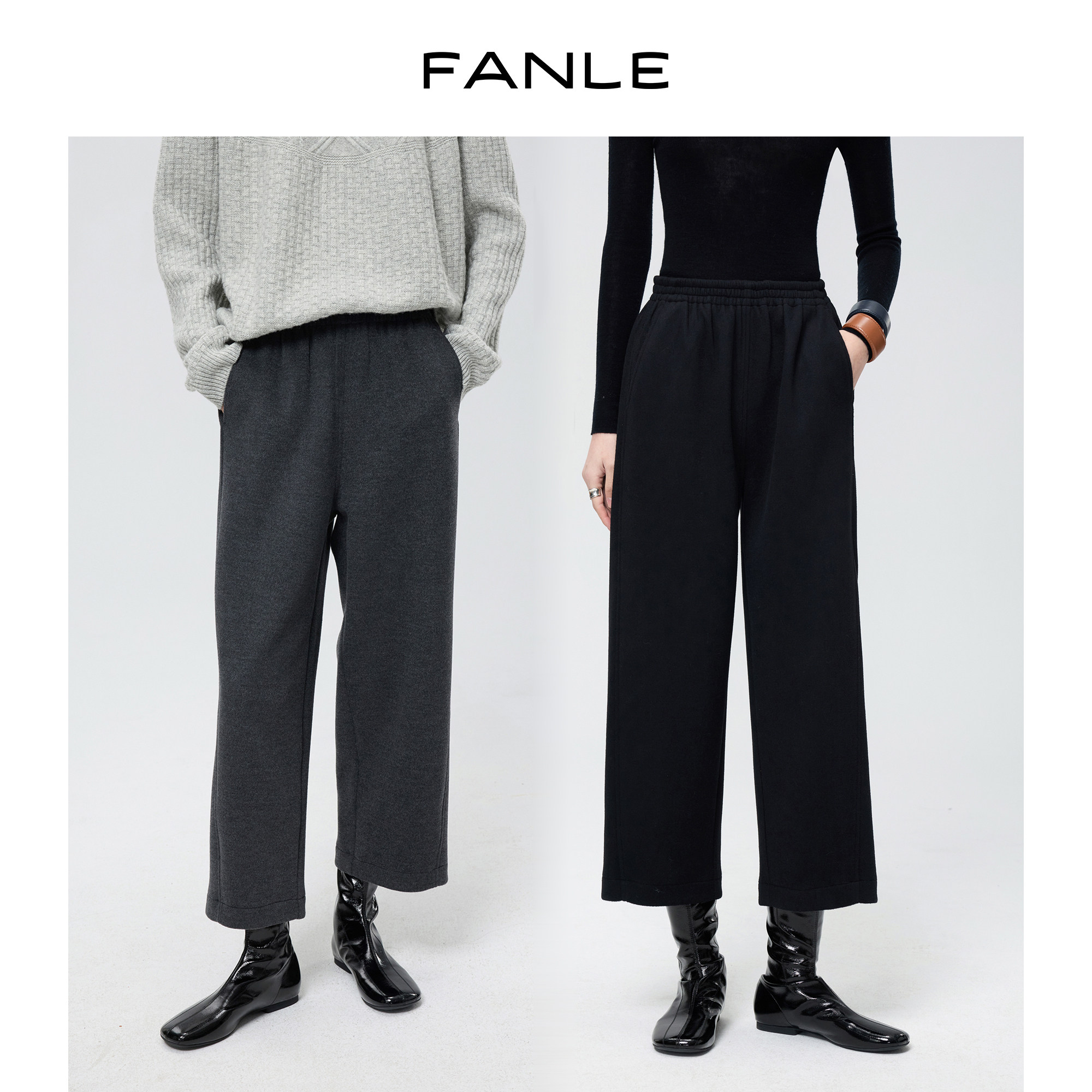 FANLE STUDIOS加倍温暖双层加厚羊毛亲肤高腰微弧形八分休闲裤图片