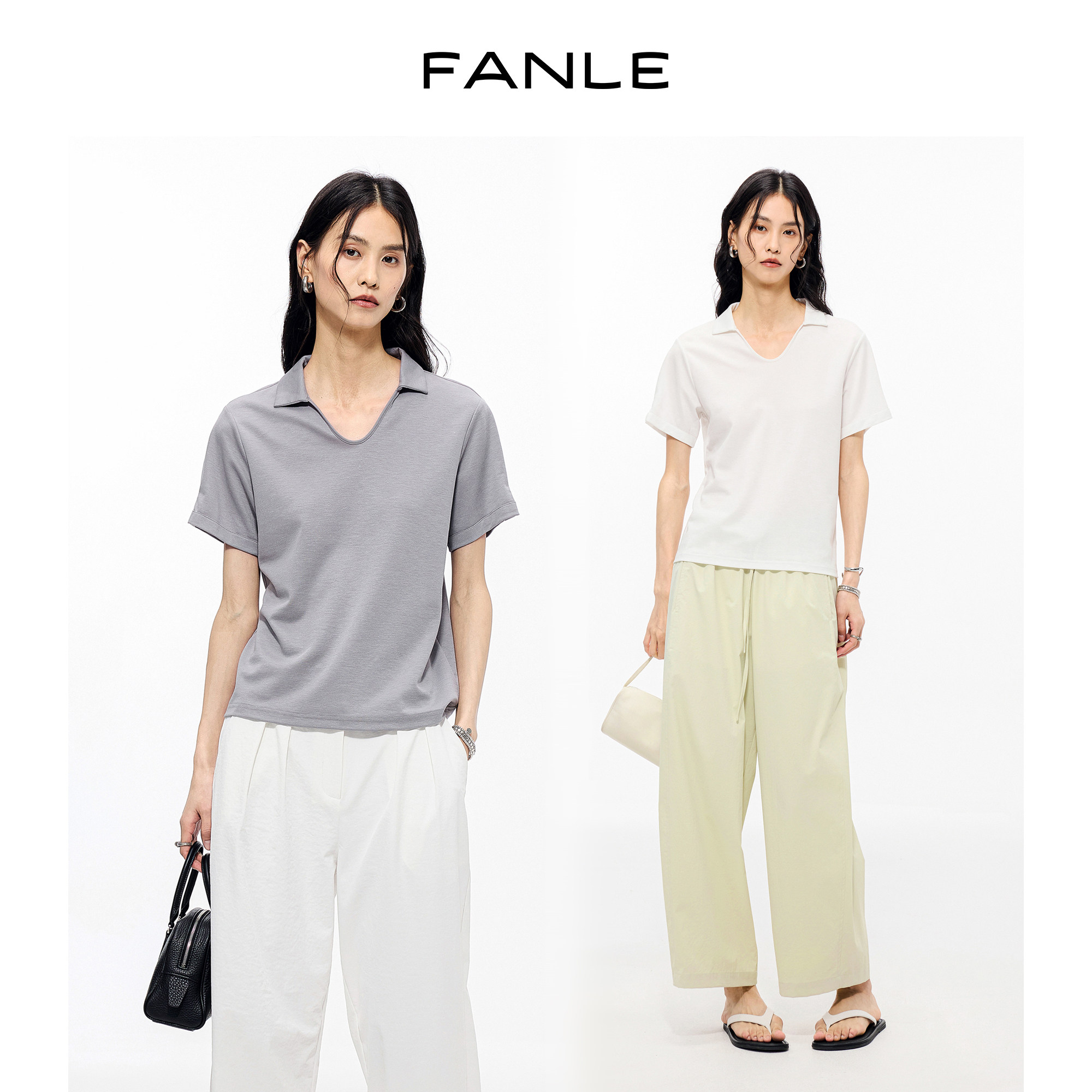 FANLE STUDIOS【三醋酸亚麻V领POLO衫】抗皱透气老钱风翻领短袖T