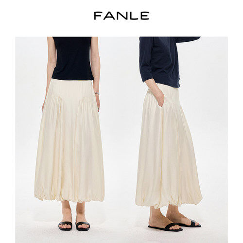 FANLE STUDIOS韩国进口醋酸重磅压褶设计半松紧腰显瘦遮肉花苞裙