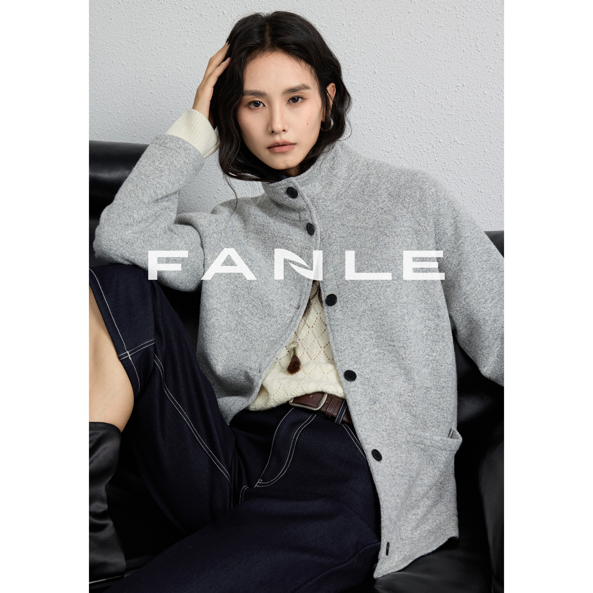 FANLE STUDIOS高品质醋酸羊毛夹花纱高密加厚立领毛衣风开衫外套