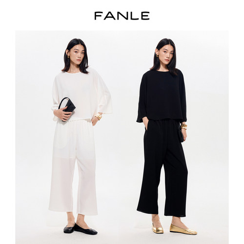 FANLE STUDIOS静奢醋酸麻抗皱ROW风老钱感八分袖上衣/窄腰八分裤
