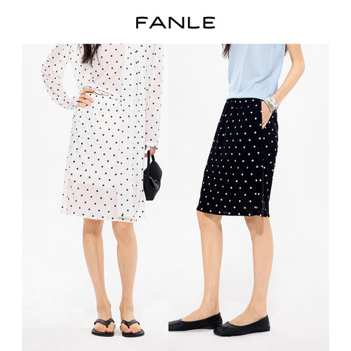 FANLE STUDIOS定制超薄抗皱高密醋酸时髦复古松紧腰波点中裙/长裙
