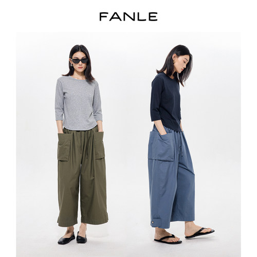 FANLE STUDIOS轻薄雪花棉合身休闲通勤圆领七分袖弧形下摆T恤