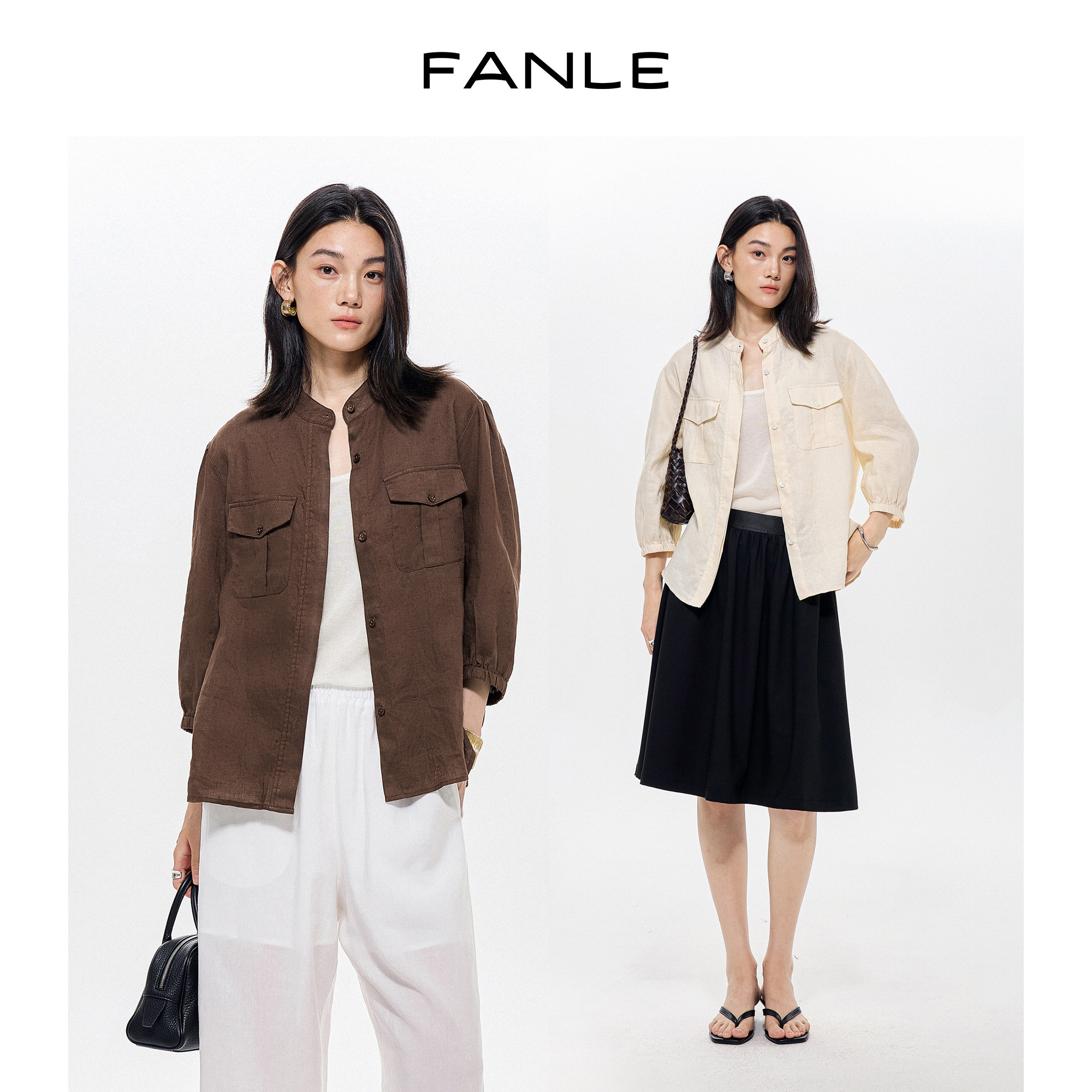 FANLE STUDIOS夏日老钱全亚麻透气立领七分灯笼袖工装口袋衬衫女图片