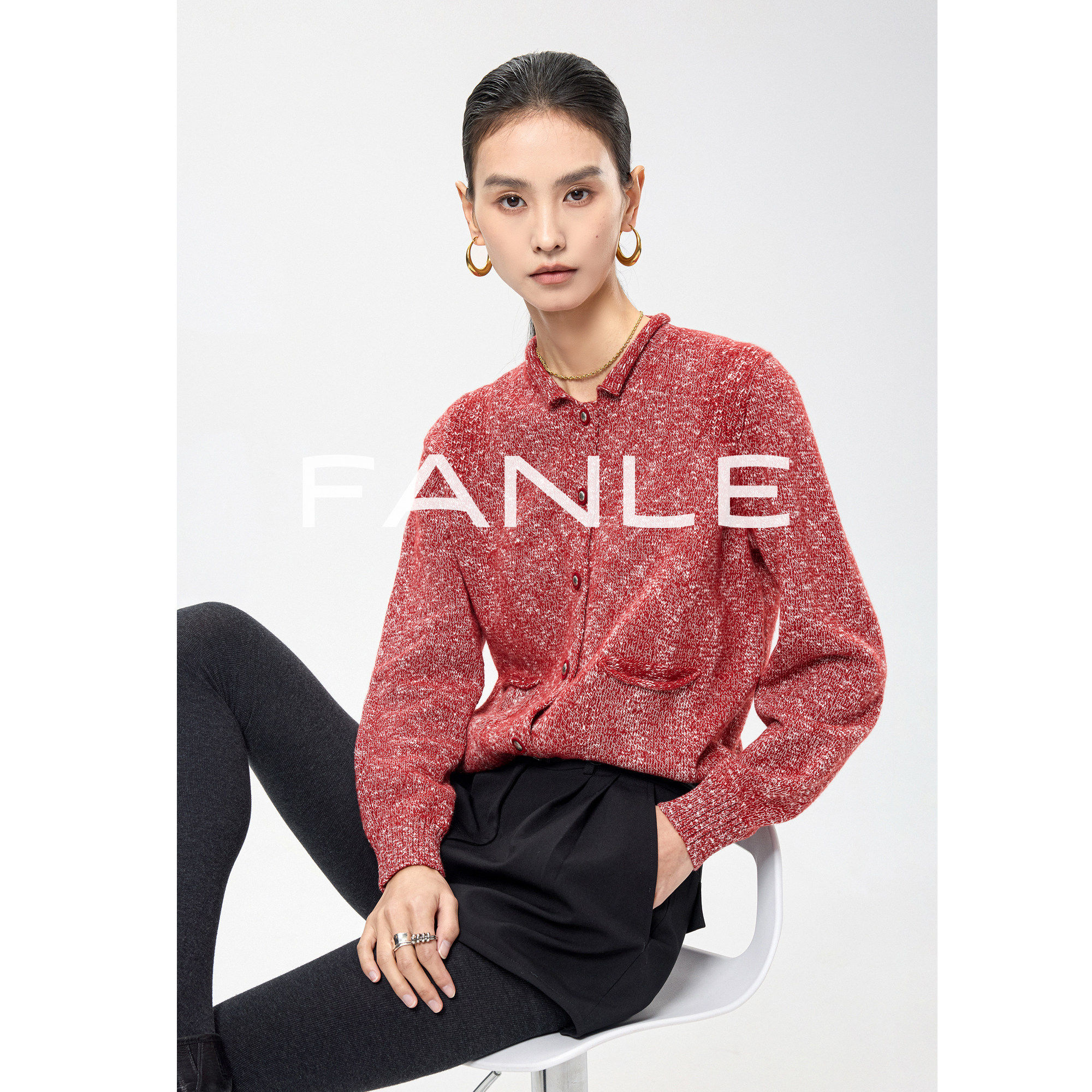 FANLE STUDIOS新年复古混色软糯舒适羊毛&ldquo;蛋卷领&rdquo;短款针织开衫