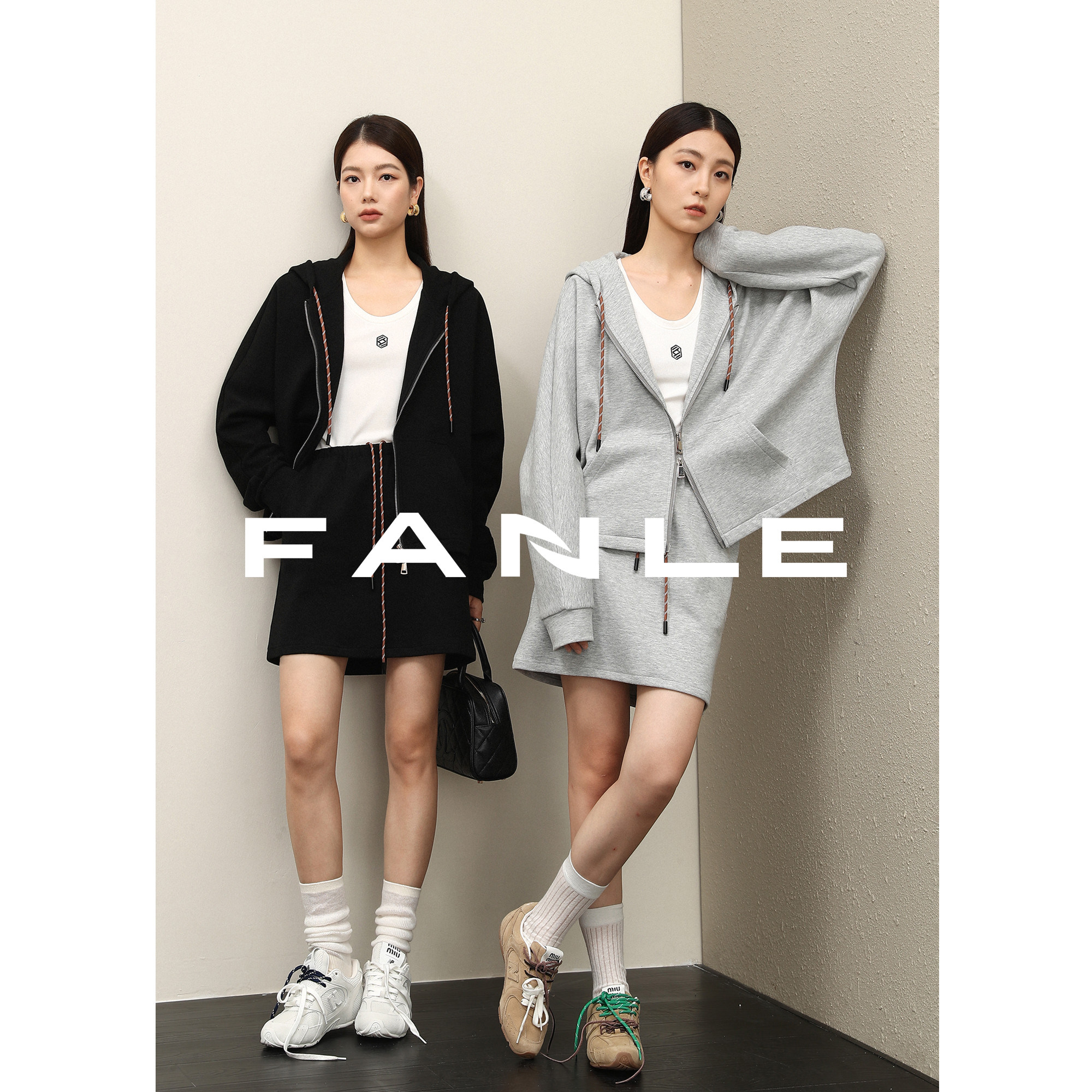 FANLE STUDIOS进口高密精梳棉时髦宽松连帽短款卫衣外套+短裙套装