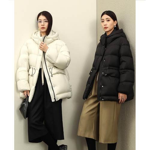 白鹅绒中长款羽绒服可收腰连帽