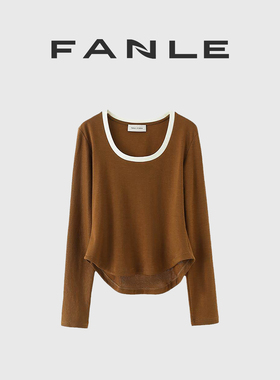 断码清仓不退换 (口碑版型)進口三醋酸U领MIU风撞色显瘦气质长袖T