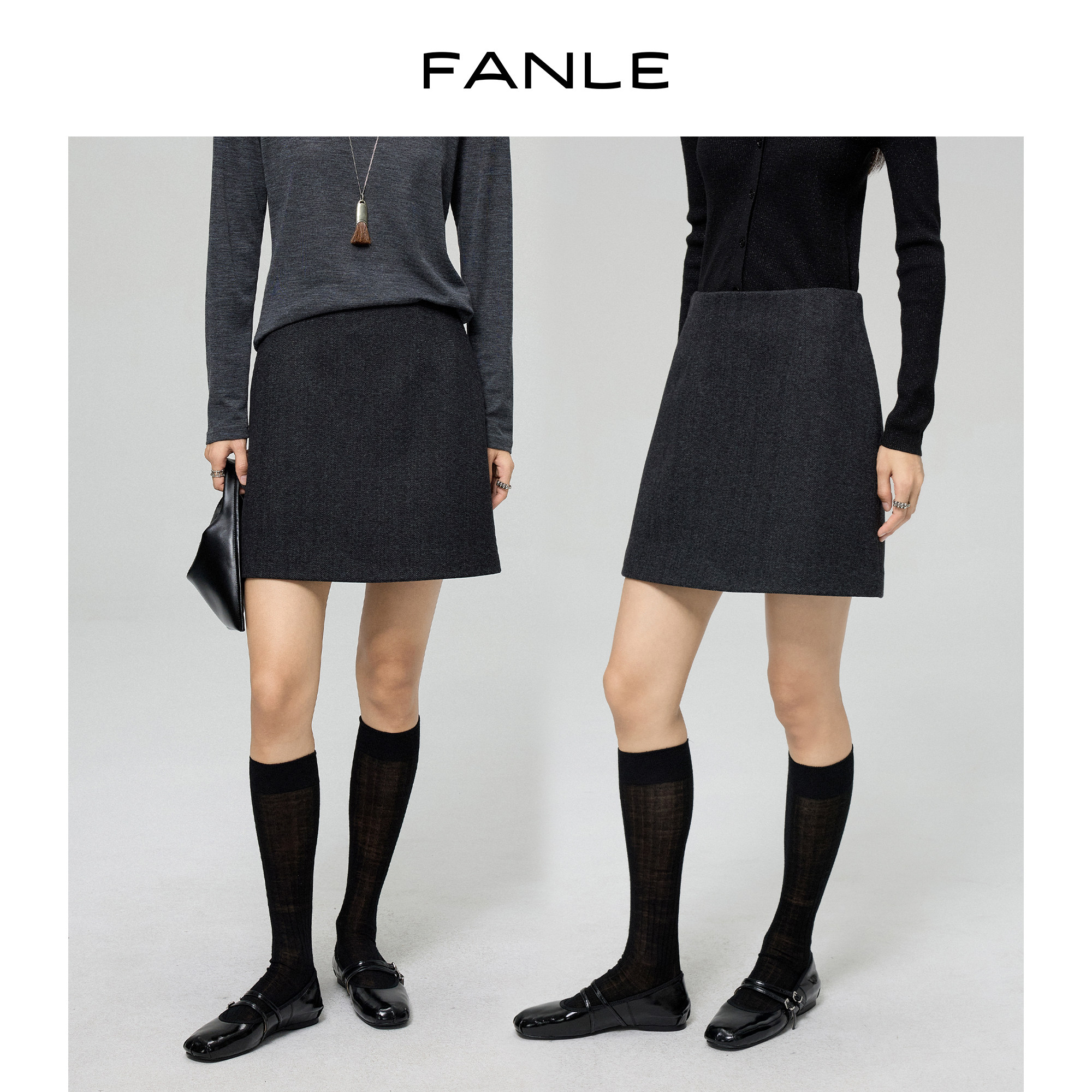 FANLE STUDIOS遮胯显瘦抗皱羊毛加厚时髦a字显瘦高腰短裙半身裙女