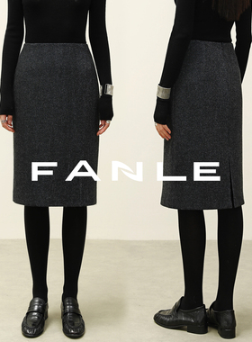 FANLE STUDIOS口碑时髦亮丝羊毛prad*秀款高腰中裙显瘦气质半身裙