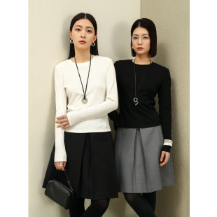 T恤打底衫 百搭长袖 STUDIOS高品质棉质弹力竖坑条合身小短款 FANLE