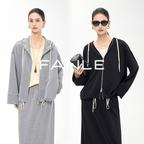 FANLE STUDIOS轻盈时髦MIU风松弛显瘦撞色绳宽松双拉链连帽卫衣