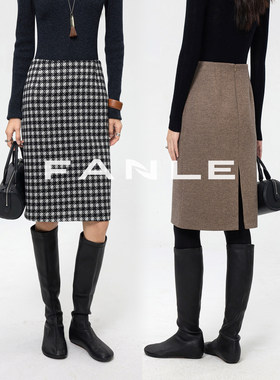 FANLE STUDIOS亮丝羊毛千鸟格prad*秀款高腰中裙显瘦气质半身裙