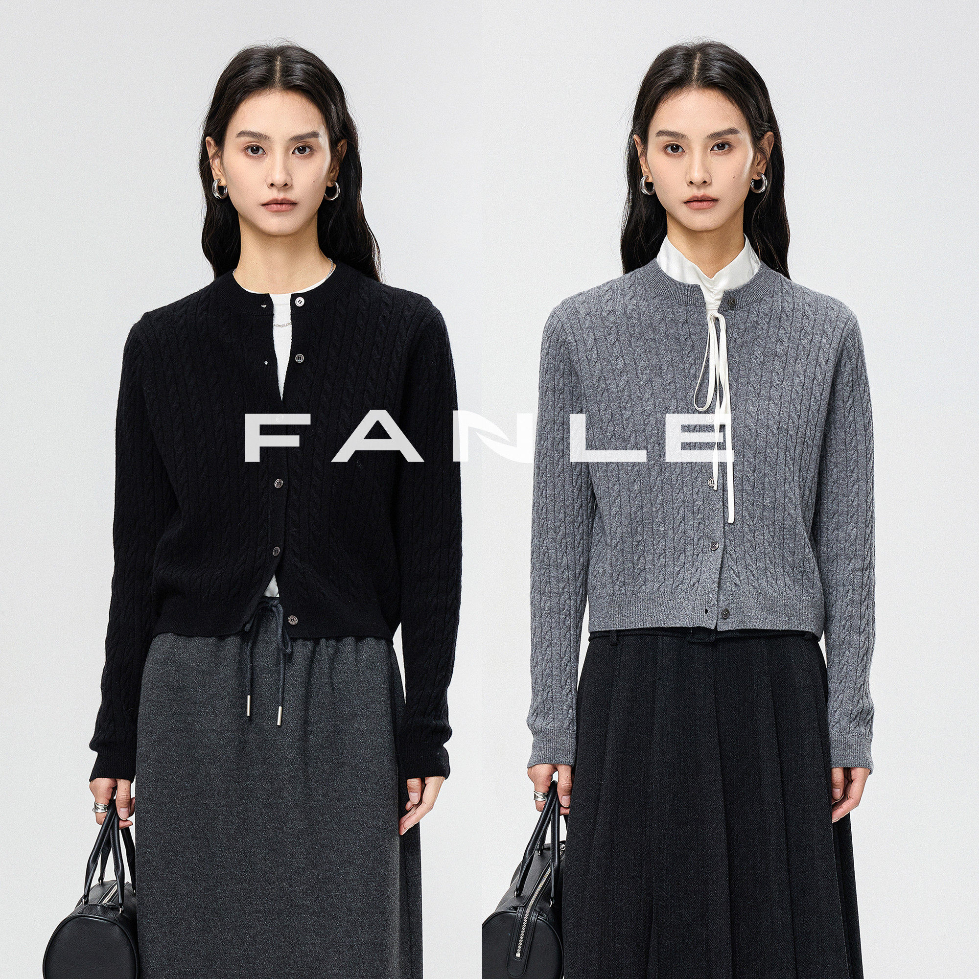 FANLE STUDIOS高支羊绒羊毛保暖经典麻花M1U风圆领短款针织开衫