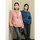 FANLE STUDIOS进口柔软蓬松羊驼羊毛混彩保暖落肩袖 套头针织毛衣