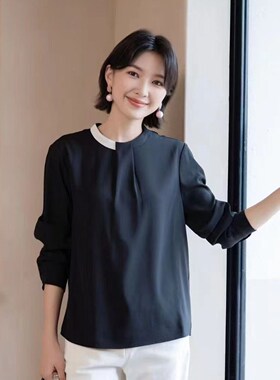 YUN韫2025秋季新款女装撞色领轻奢气质垂感长袖套头衬衫 上衣5856