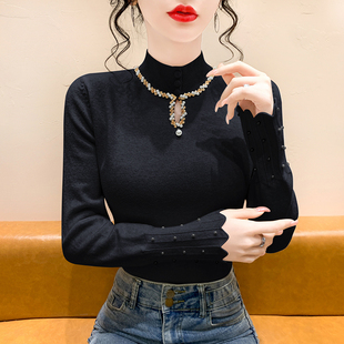 高领毛衣打底衫女秋冬欧货设计感镂空钉珠针织衫长袖洋气内搭上衣