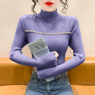 洋气上衣 半高领毛衣内搭长袖 手工钉珠蕾丝提花针织打底衫 女秋冬季