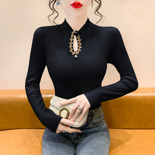 内搭毛衣 修身 黑色立领针织打底衫 女秋冬性感镂空扭结钉珠上衣长袖