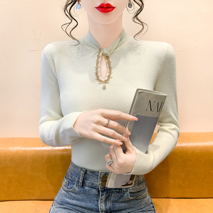 内搭打底衫 女秋冬设计感扭结镶钻毛衣长袖 上衣 立领镂空针织衫 法式