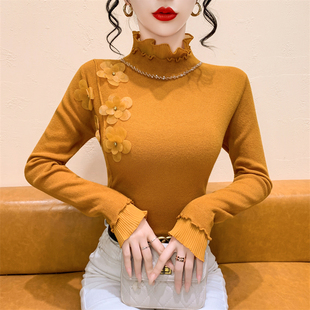 内搭上衣 长袖 半高领木耳边毛衣打底衫 女秋冬假两件钉钻花朵针织衫