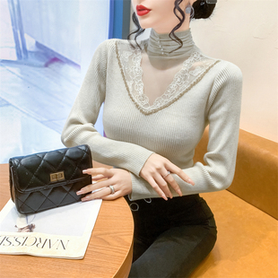 性感镂空针织打底衫 洋气上衣 女秋冬网纱蕾丝拼接钉钻毛衣内搭长袖