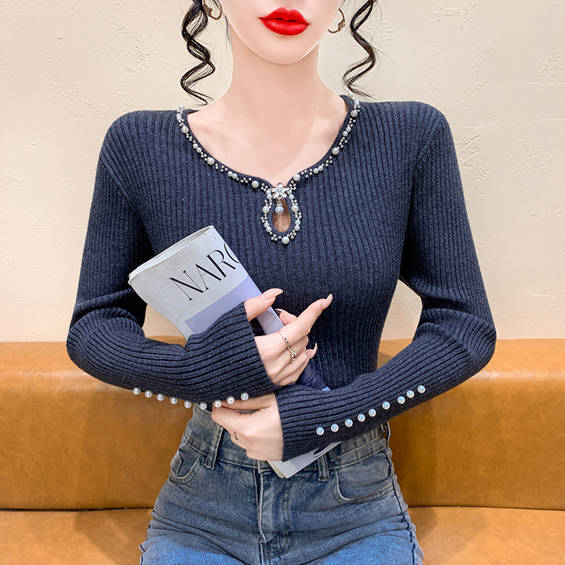 重工钉珠针织打底衫女秋冬季洋气高级感镂空上衣长袖紧身毛衣内搭
