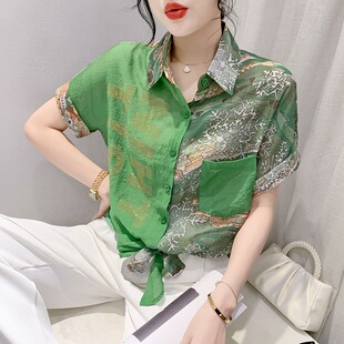 女短袖 欧洲站2026夏装 印花棉麻衬衫 时尚 高档气质衬衣欧货上衣 新款