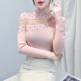 烫钻网纱拼接上衣洋气显瘦内搭毛衣 秋冬时尚 高领针织打底衫 女长袖