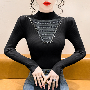 内搭上衣 修身 半高领毛衣女秋冬设计感烫钻网纱拼接针织打底衫 长袖