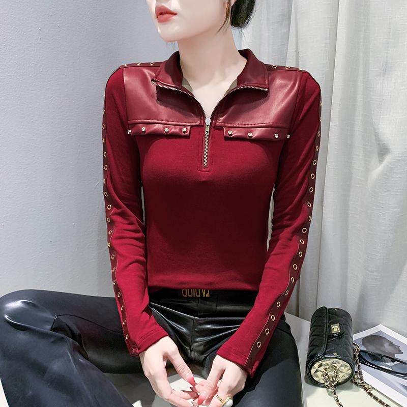 时尚立领拉链T恤女长袖秋冬欧货翻领PU皮拼接上衣洋气百搭打底衫