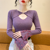 性感镂空V领针织衫 内搭打底毛衣 修身 女秋冬设计感喇叭袖 上衣长袖