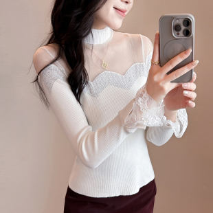 网纱拼接针织打底衫 秋冬性感镂空烫钻上衣洋气紧身内搭毛衣 女长袖