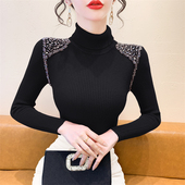 女长袖 高领打底衫 女秋冬欧货重工钉珠针织衫 内搭上衣紧身套头毛衣