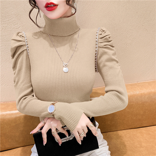 洋气内搭打底衫 长袖 上衣 针织衫 高领毛衣女秋冬欧货重工镶钻泡泡袖