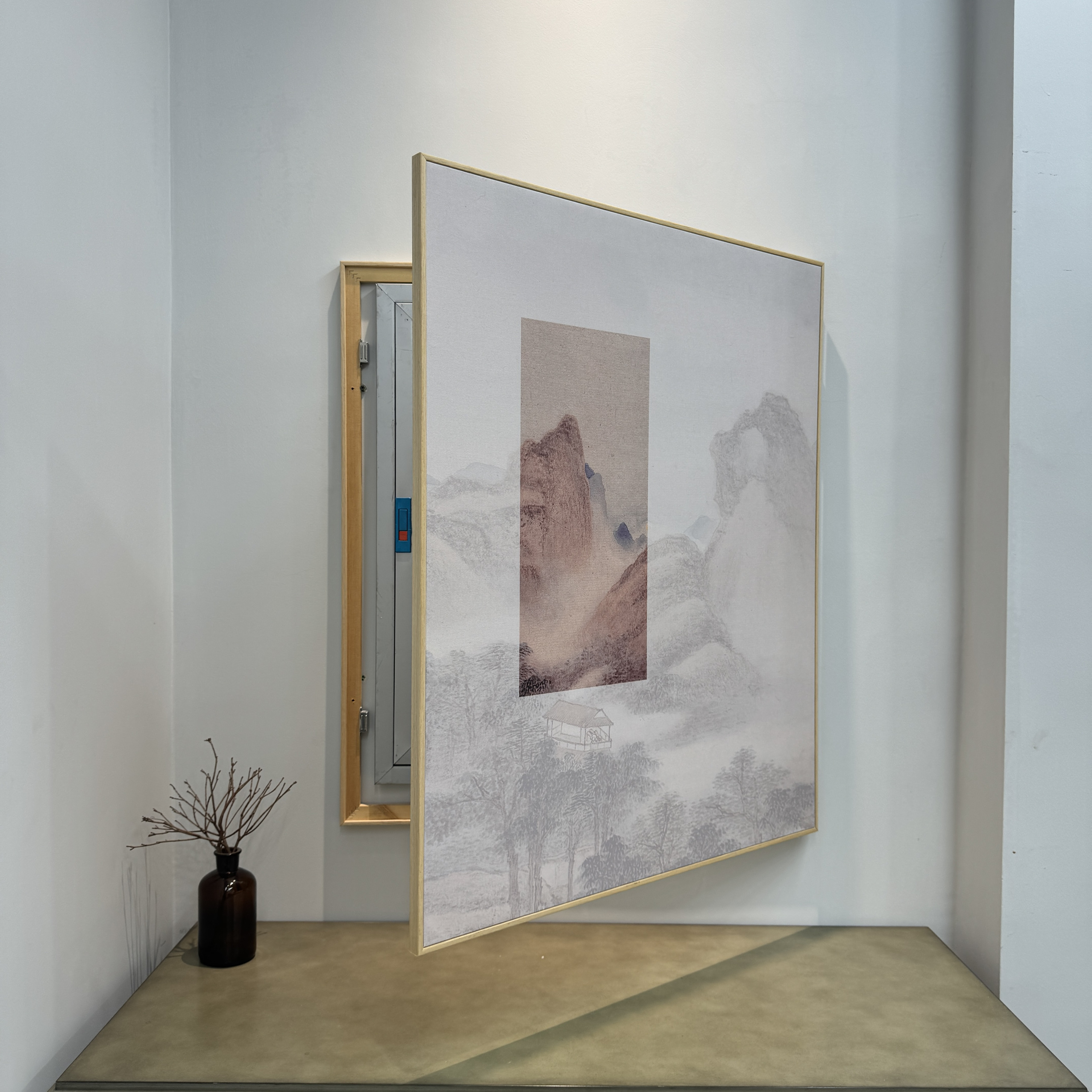 浅木色全实木遮挡电箱装饰画美化消防栓挂画可开门