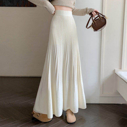 加厚针织百褶半身冬裙女大摆长裙