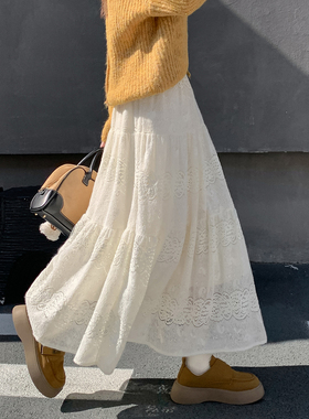 温柔风加绒加厚蕾丝半身裙女2025秋冬高腰显瘦a字裙中长款大摆裙