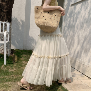 波西米亚风亮片网纱百褶半身裙女2026春夏松紧腰百搭a字仙女长裙