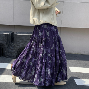法式浪漫风紫色碎花半身裙女2026秋冬高腰大摆蛋糕裙垂感褶皱长裙