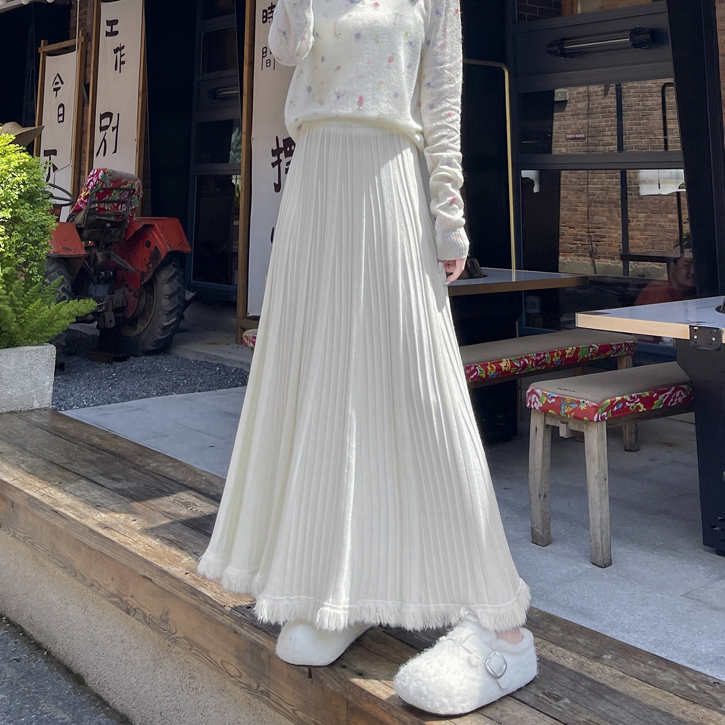 流苏针织百褶半身裙女秋冬大摆裙图片