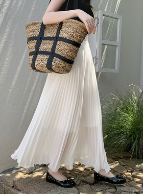 白色雪纺百褶半身裙女2026春夏百搭高腰显瘦a字裙垂感大摆长裙子