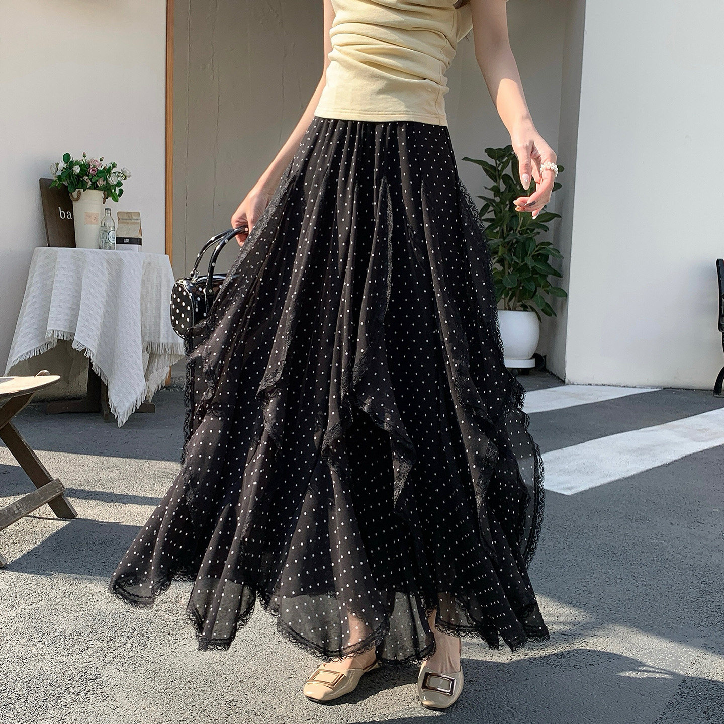 不规则黑波点半身裙女2026春夏新款高腰显瘦荷叶边遮跨a字雪纺裙,女装/女士精品,半身裙,淘宝优惠券,粉丝福利购,淘宝优惠卷